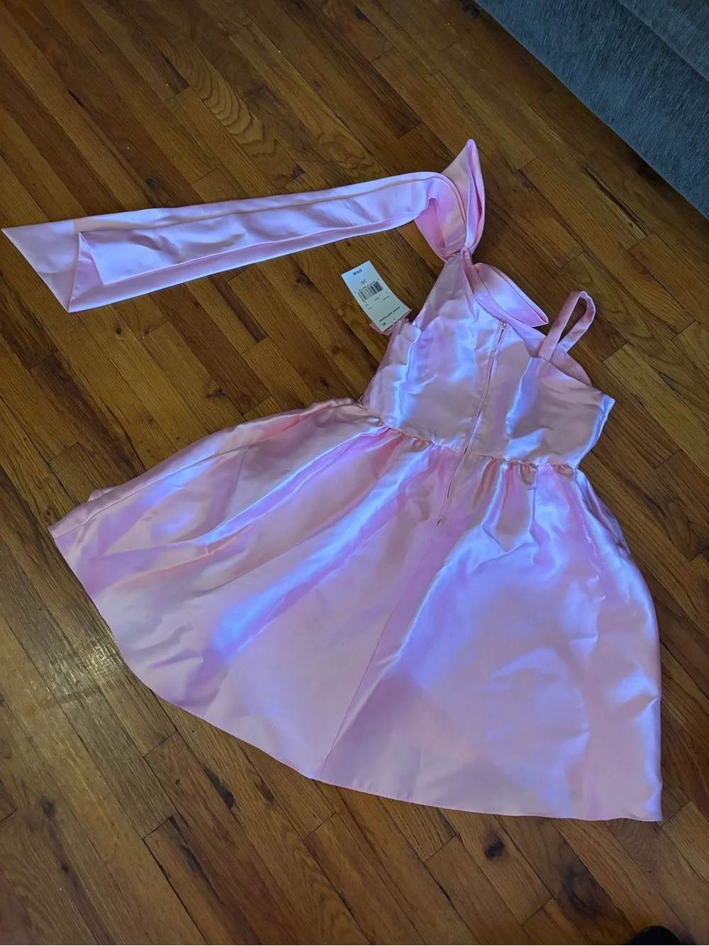Rare Editions Pink Satin One-Shoulder Dress with Bow and Jeweled Waist